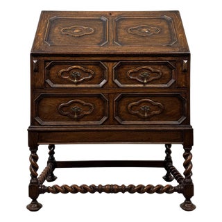 Antique English Jacobean Style Oak Bureau, 1900s For Sale