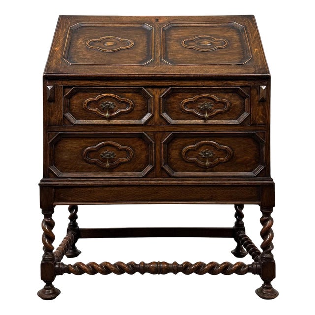 Antique English Jacobean Style Oak Bureau, 1900s For Sale