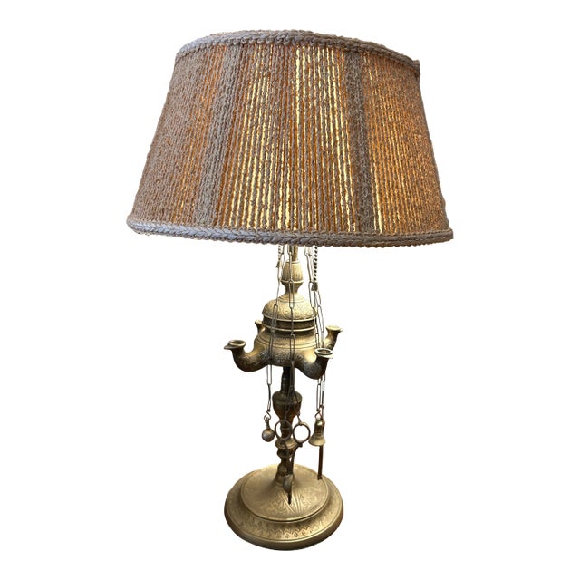 Antique, Anglo, Indian Brass Table Lamp With String Shade. For Sale