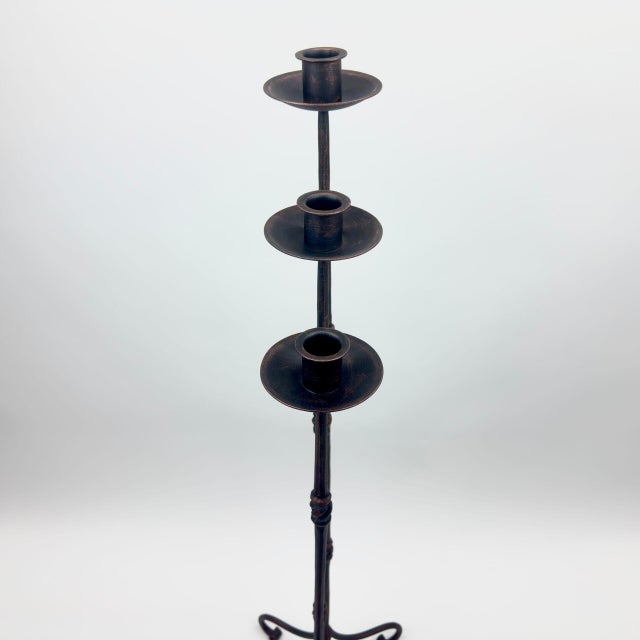 2020s Hand Forged Iron Candelabra Set of 3 (92-112cm) Antique Copper Finish Slender Stem with French Scroll Base For Sale - Image 5 of 7
