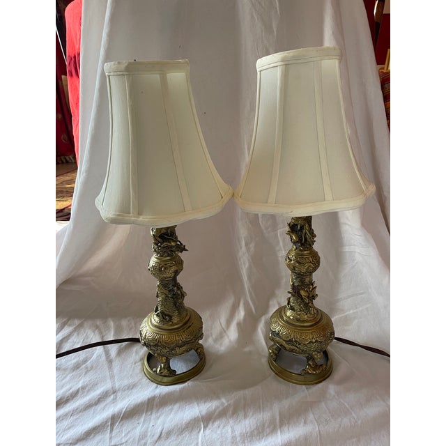 A Pair of 1950s Carved Bronzed Brass Lamps For Sale - Image 11 of 11