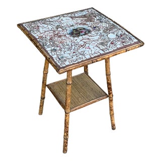 English Aesthetic Movement Bamboo Side Table W/ Shell Coral Transferware Mosaic Top For Sale