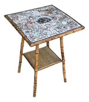 English Aesthetic Movement Bamboo Side Table W/ Shell Coral Transferware Mosaic Top