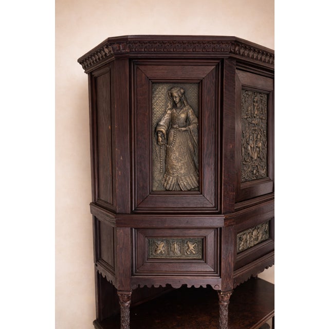 Late 19th Century Gothic Revival Oak Cabinet With Repoussé Medieval Figural Panels For Sale - Image 4 of 7