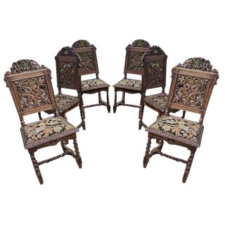 Renaissance Revival Carved Oak with Grapes Castle Dining Chairs, 19th Century, Set of 6 For Sale