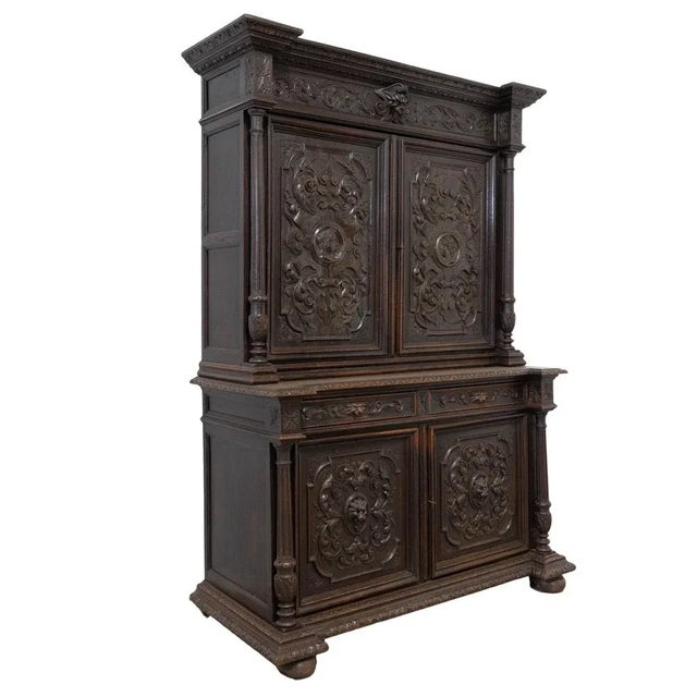 Renaissance Revival Oak 2-Part Buffet Cabinet, France, Mid-19th Century For Sale - Image 3 of 18