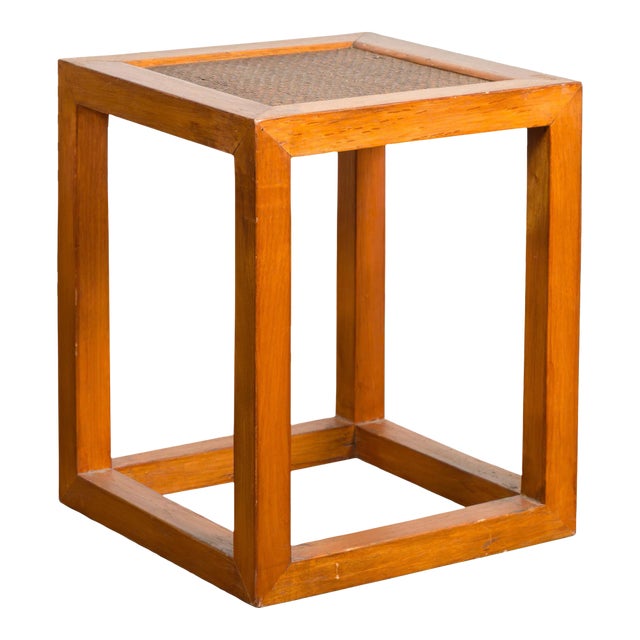 Chinese 1900s Late Qing Dynasty Side Table or Stool with Rattan Inset Top For Sale