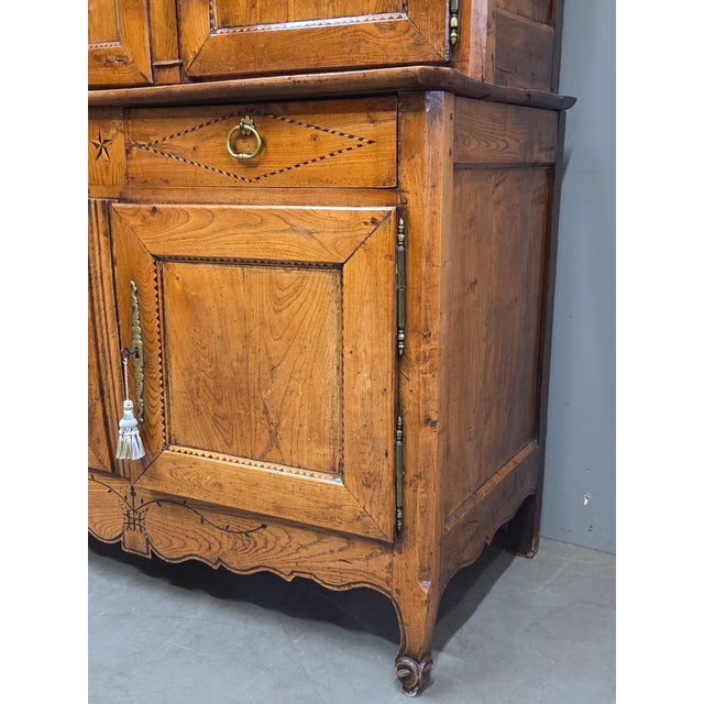 Antique French Elm Deux Corps Buffet Cabinet With Inlay and Fitted Interior For Sale - Image 14 of 18