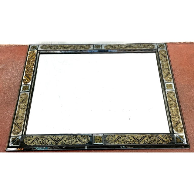 Mid 20th Century Maison Jansen (Atrib.) Eglomise Gilt Neoclassical Floral Trellis Jeweled Mirror For Sale - Image 5 of 18