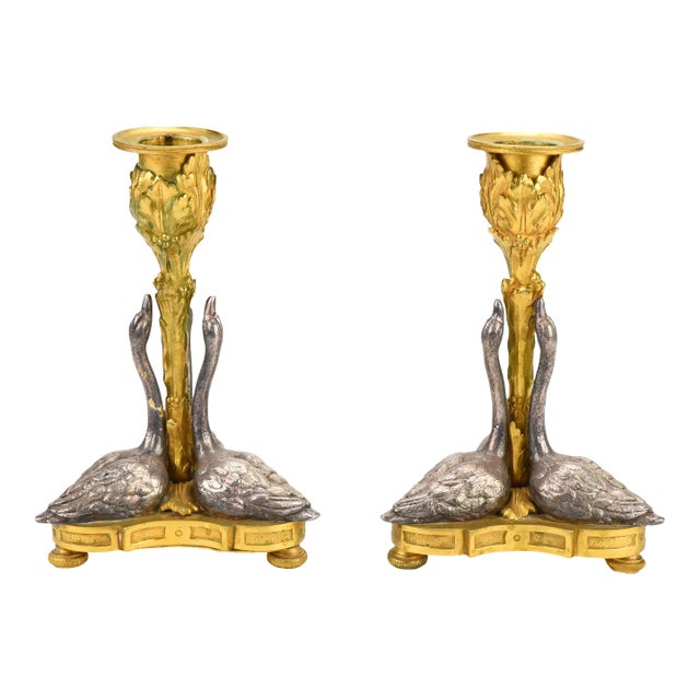 Early 19th Century William IV Ormolu Candlesticks With Silvered Bronze Swans - a Pair For Sale
