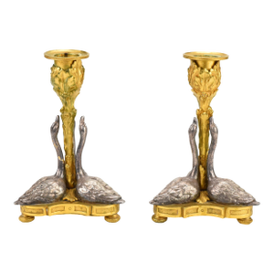 Early 19th Century William IV Ormolu Candlesticks With Silvered Bronze Swans - a Pair