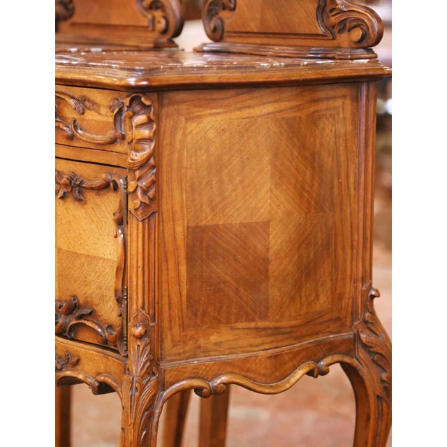 Pair of Early 20th Century French Louis XV Walnut Nightstands With Marble Tops For Sale - Image 10 of 13