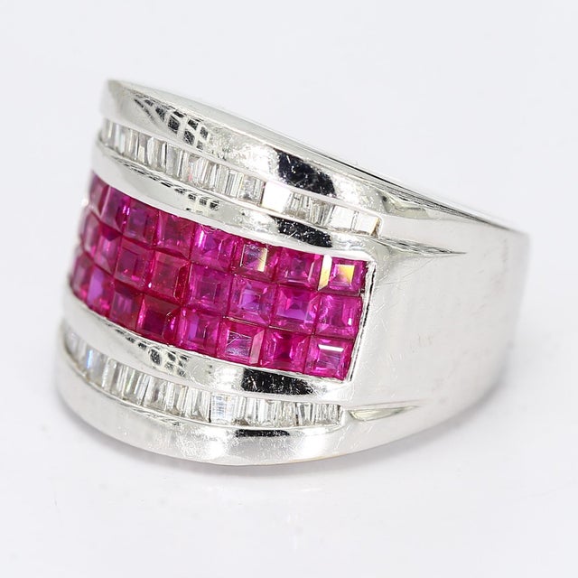 18k White Gold Ring Lab-Grown Princess Cut Rubies & Accent Diamonds - Size 6.25 For Sale - Image 4 of 6
