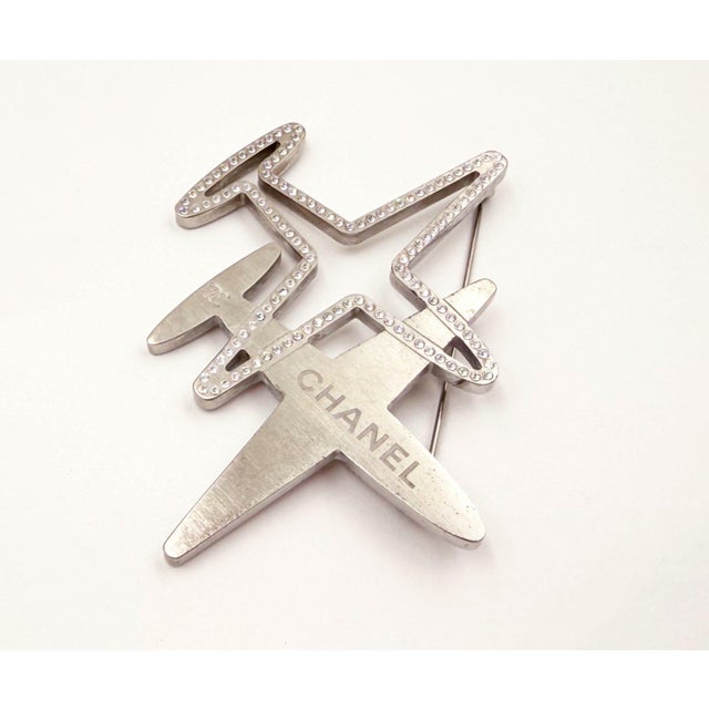 Contemporary Chanel Silver Double Plane Crystal Large Brooch For Sale - Image 3 of 5