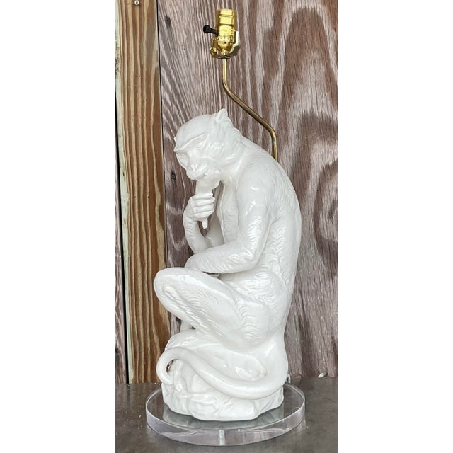 Traditional Vintage Regency Glazed Ceramic Monkey Lamp For Sale - Image 3 of 8