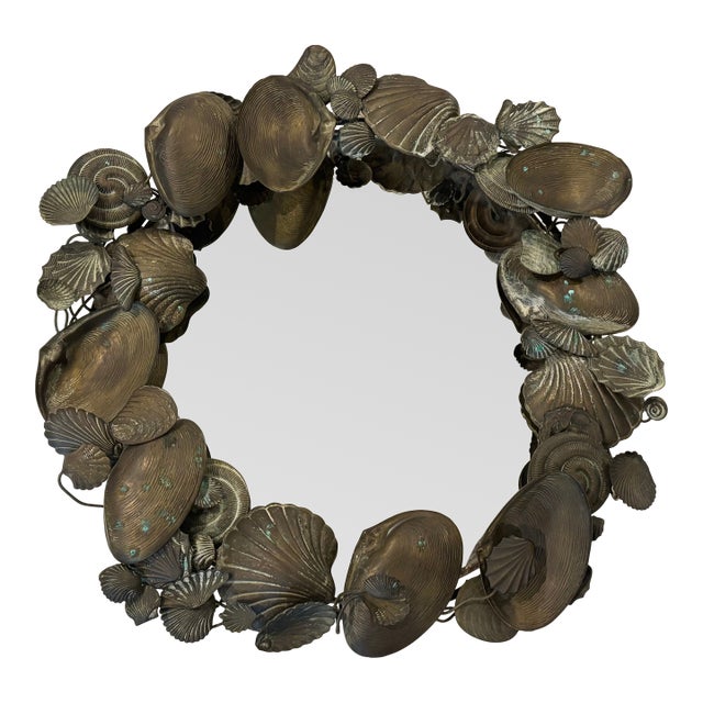 Vintage Coastal Palm Beach Style / Dresden Style Patinated Brass Seashell Mirror For Sale