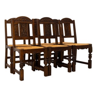 Vintage Spanish Oak Dining Chairs with Rush Seats, 1950, Set of 6 For Sale