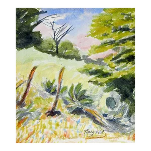 Vintage Small Plein Air Landscape Watercolor Painting