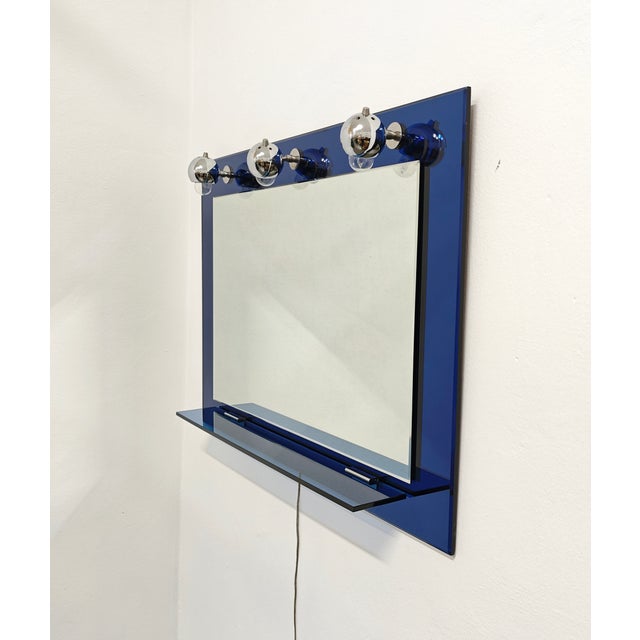 Mid-Century Modern Italian Bathroom Mirror with Blue Ground Glass Shelf and Chromed Steel Diffusers, 1970s For Sale - Image 3 of 14