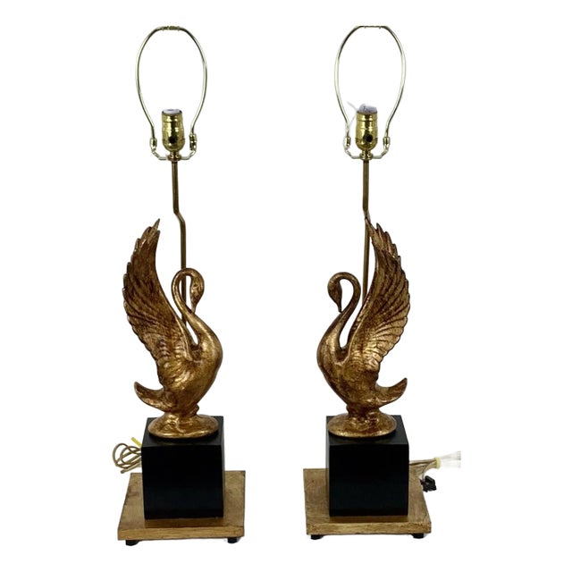 Goldleaf Porcelain Swan Lamps on Wood Block Bases. For Sale