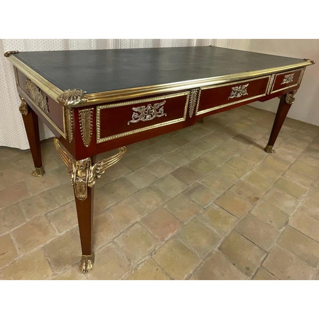 19th Century 19th Century French Mahogany Bureau Plat With Gilt Bronze Mounts, Empire Style Desk For Sale - Image 5 of 8