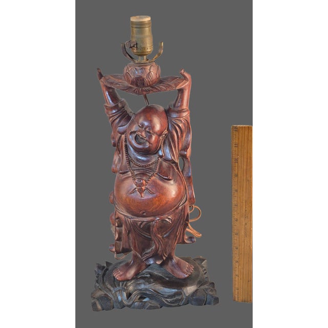 Antique Hand Carved Hardwood Hotei Happy Joyous Buddha Arms Raised Holding a Lotus Flower Table Lamp For Sale - Image 9 of 16