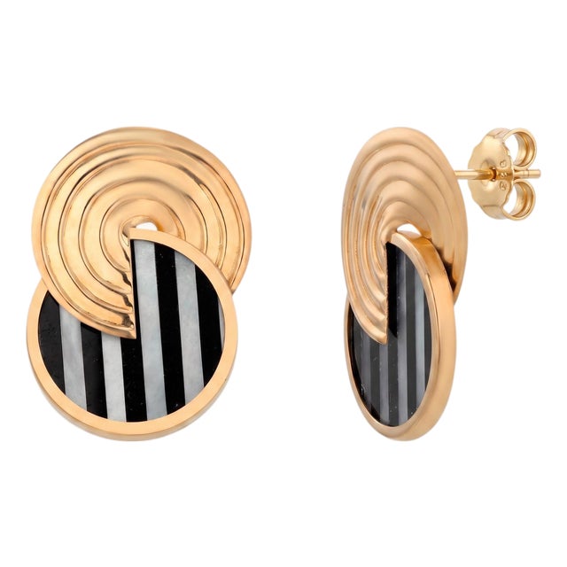 14k Yellow Gold Mother-of-Pearl, Black Onyx and Sodalite Vintage Stud Earrings, Pair For Sale