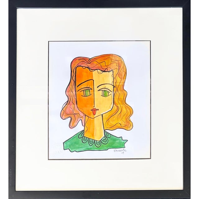 Juan Navarette "Girl Face" Abstract Acrylic Painting on Paper, Framed For Sale