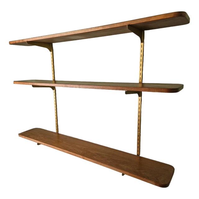 Vintage 1970s Three Tier Open Hardwood Wall Mount Shelves W Adjustable Bracket Brass Rails For Sale
