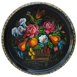 Round Floral Tole Tray For Sale