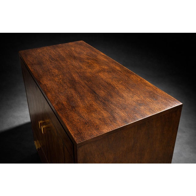 Drexel Mid 20th Century Architectural Walnut Cabinet With Geometric Facade & Pocket Doors For Sale - Image 9 of 10