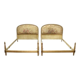 Pair of Antique French Louis XV Carved Wood & Floral Tapestry Twin Beds C1910 For Sale