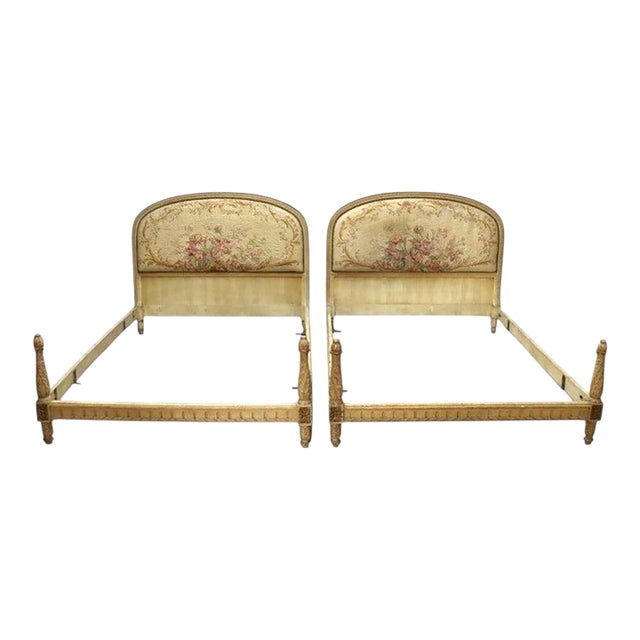 Pair of Antique French Louis XV Carved Wood & Floral Tapestry Twin Beds C1910 For Sale