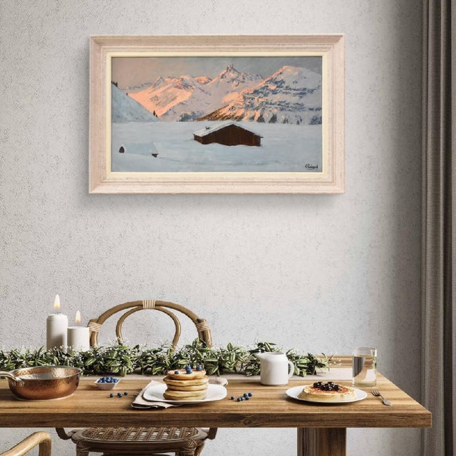 The category antique paintings, snow-covered mountain landscapes, depicts a striking winter alpine scenery dominated by...