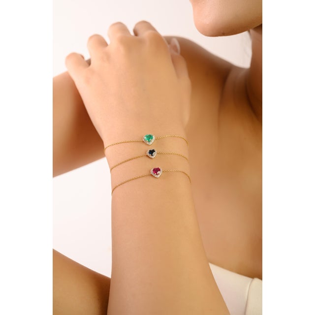 Ruby Red Heart Cut Ruby Prong Set With Natural Diamonds in 14k Yellow Gold Bracelet For Sale - Image 8 of 15