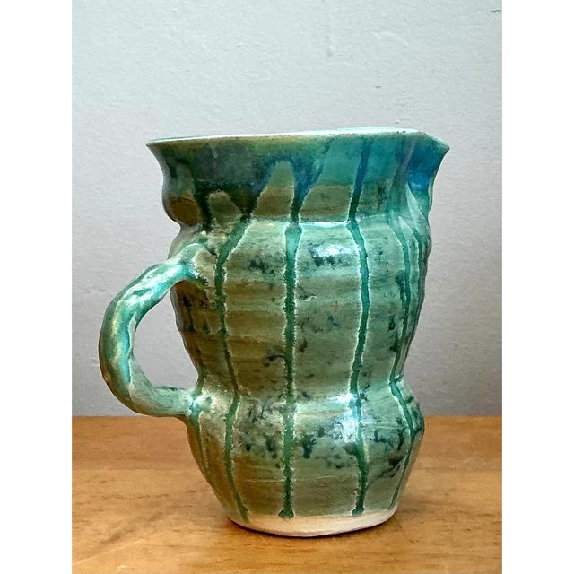 Teal Vintage Drip Glaze Ceramic Pitcher For Sale - Image 8 of 12