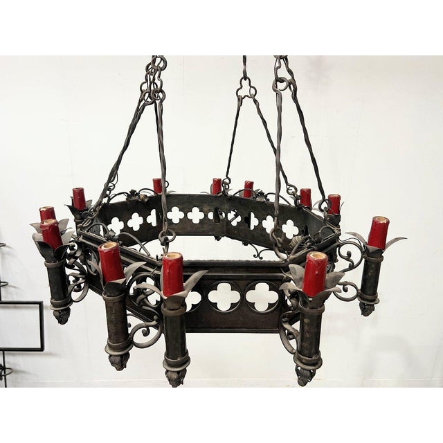 Black Renaissance Style Hammered Wrought Iron Chandelier, 20th Century For Sale - Image 8 of 14