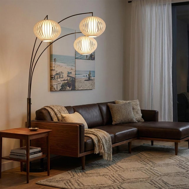 Mid-Century Modern Bloom 3-Light Arc Floor Lamp - Black Nickel, Black Marble Base, White Satin Shade, Dimmer For Sale - Image 3 of 11