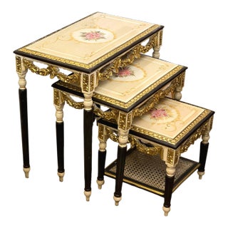 French Style Nesting Tables – Set of 3 With Glass Tops, Black Frames & Floral Center Detail For Sale
