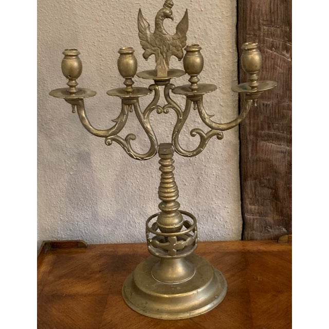 Religious Antique Brass Candelabra Sabbath Judaica Europe 4 Light With Eagle Holding Swords - a Pair For Sale - Image 3 of 9