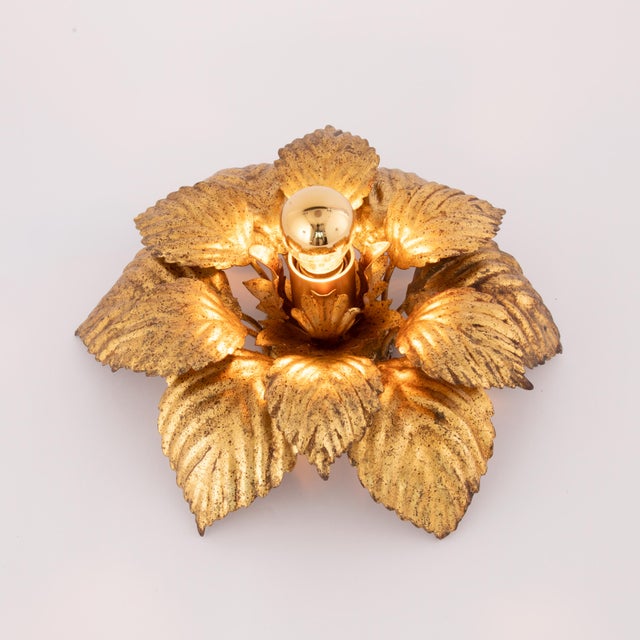 Metal Vintage Italian Gold Leaf Flush Mount or Wall Sconce by Masca, 1970s For Sale - Image 7 of 8