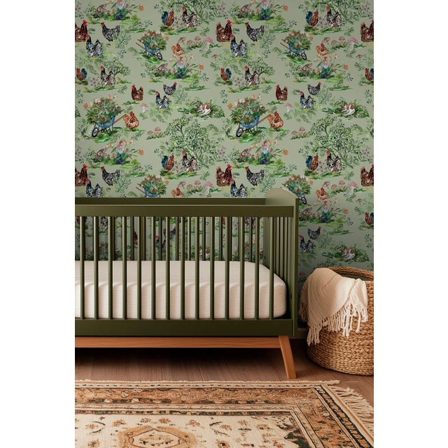 Cluckingham Farm Toile Grasscloth Wallpaper by House Party | Green Grass | 8 Yards For Sale - Image 12 of 12