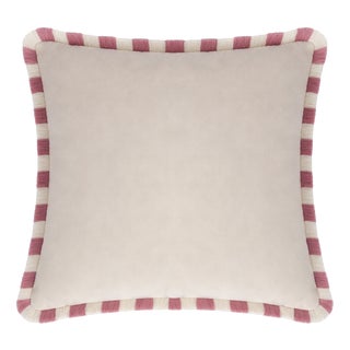 Bicolor White Velvet Cushion with Light Pink and White Fringes by Lo Decor For Sale