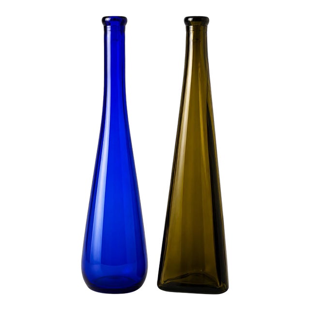 Pair of Tall Sculptural Art Glass Bottles in Cobalt Blue & Olive Green For Sale