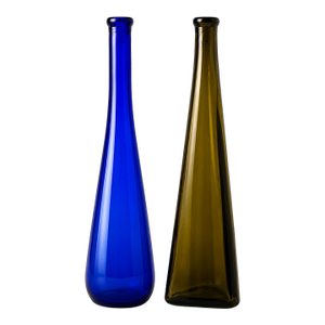 Pair of Tall Sculptural Art Glass Bottles in Cobalt Blue & Olive Green