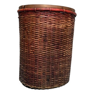 Antique Japanese Bamboo Basket with Red Lacquered Rim, 1930s For Sale