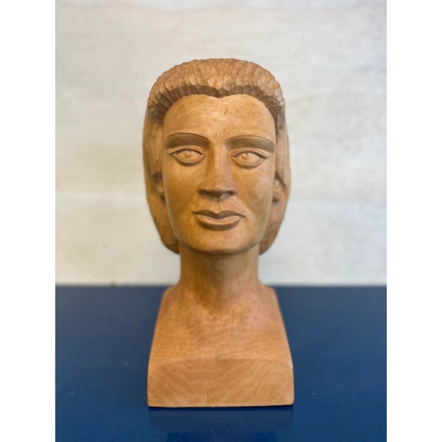 Figurative Vintage Hand Carved Wooden Figural Bust For Sale - Image 3 of 9