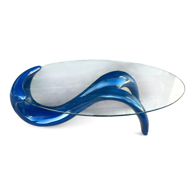 Glass Postmodern Sculptural Navy Blue Coffee Table With Oval Glass Top For Sale - Image 7 of 11