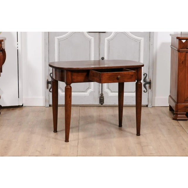 Italian Walnut 1890s Side Table with Oval Top, One Drawer and Cylindrical Legs For Sale - Image 9 of 12