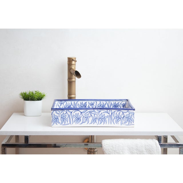 Custom Made Mini Rectangular Blue Bathroom Sink, Handmade Washbasin, Hand-Painted Vessel Sink For Sale - Image 4 of 10